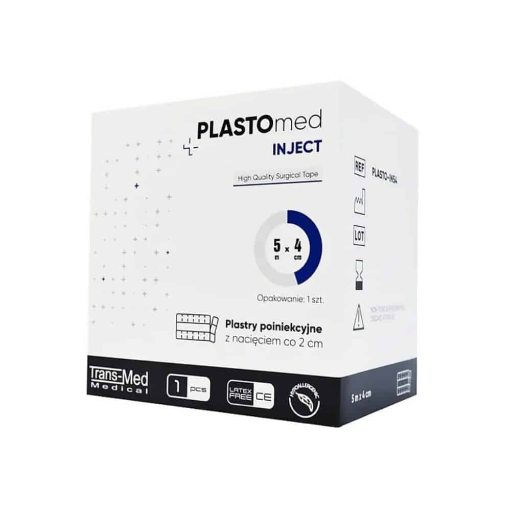 Opakowanie zbiorcze plastrów poiniekcyjnych Plastomed Inject – kartonowe pudełko zawierające rolkę plastrów włókninowych z opatrunkiem o wymiarach 4 cm × 5 m z perforacją co 2 cm (250 szt.).