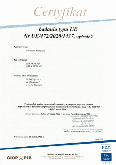 BS3 FFP3 certyfikat UE/392/2020/1437 EN 149:2001+ A1:2009